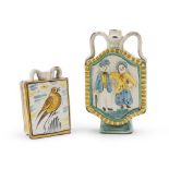 TWO FLASKS IN MAIOLICA, PROBABLY SICILY, EARLY 20TH CENTURY of which one shaped to book and