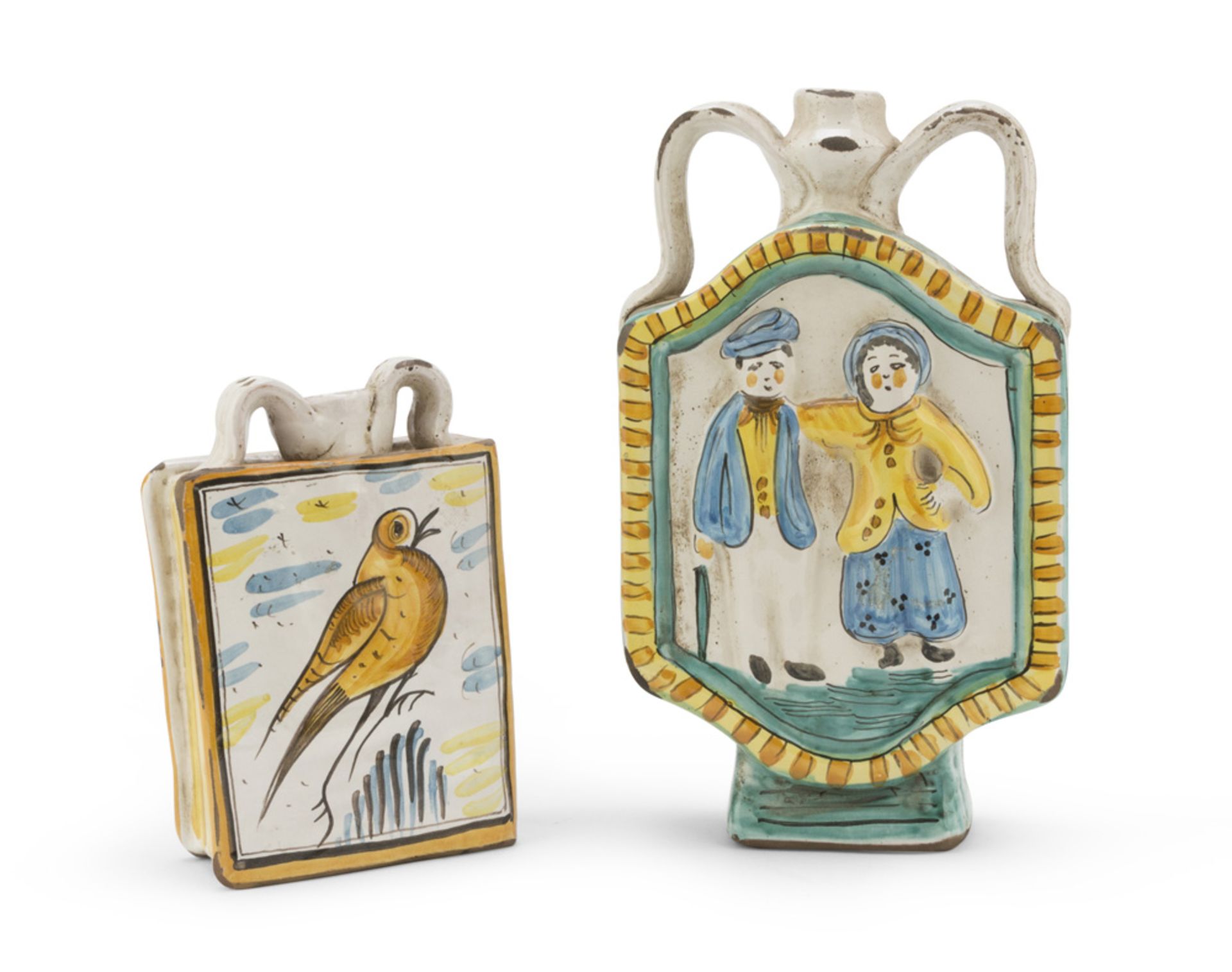 TWO FLASKS IN MAIOLICA, PROBABLY SICILY, EARLY 20TH CENTURY of which one shaped to book and