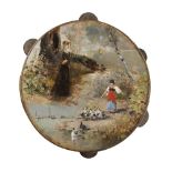 PAINTED DRUM 19TH CENTURY oil on parchment, representing views and landscapes with woman and farmer.