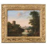 DUTCH PAINTER ACTIVE IN ROME, SECOND HALF OF THE 17TH CENTURY RIVER LANDSCAPE WITH TOWERS AND