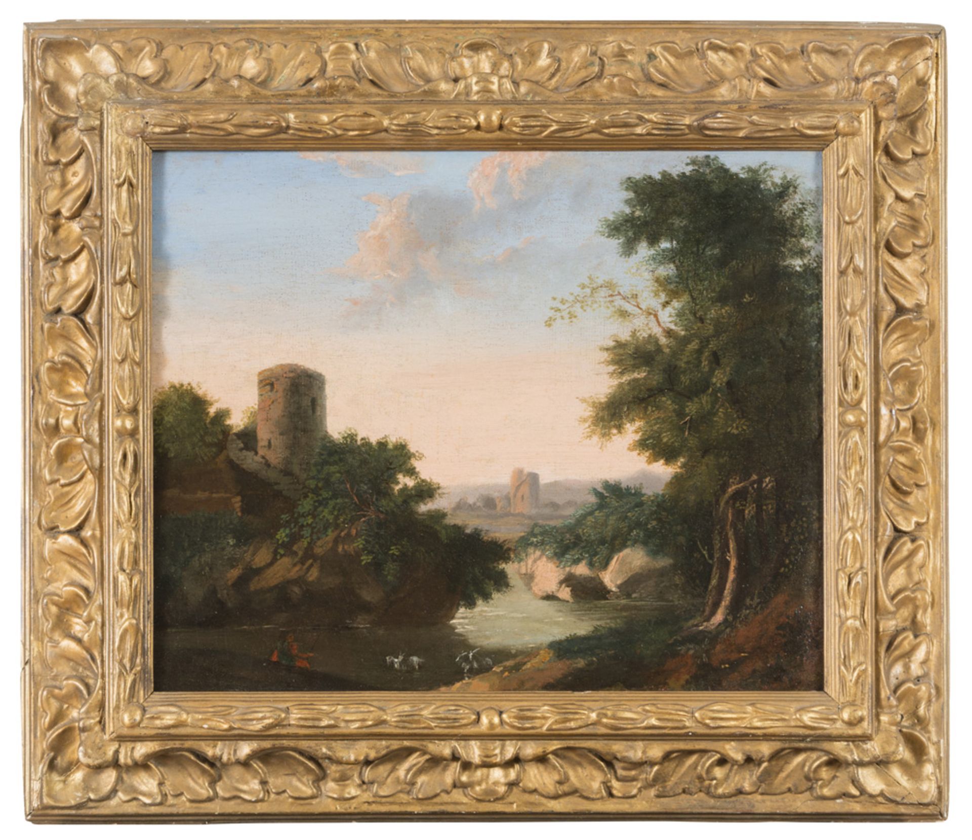 DUTCH PAINTER ACTIVE IN ROME, SECOND HALF OF THE 17TH CENTURY RIVER LANDSCAPE WITH TOWERS AND