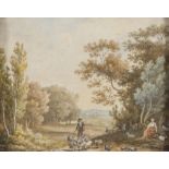 DUTCH PAINTER, 19TH CENTURY LANDSCAPE WITH SHEPHERDS AND FLOCK Watercolour on paper, cm. 13 x 16