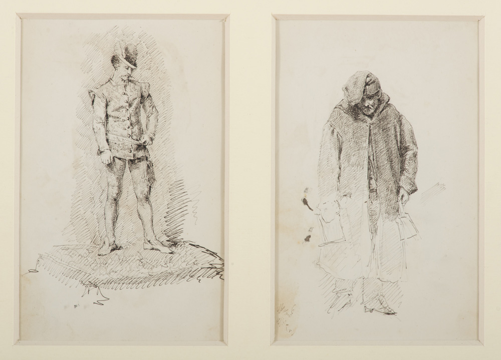 LUIGI BRIZZOLARA (Chiavari 1868 - Genoa 1937) Figures in sixteenth-century dresses Two ink on