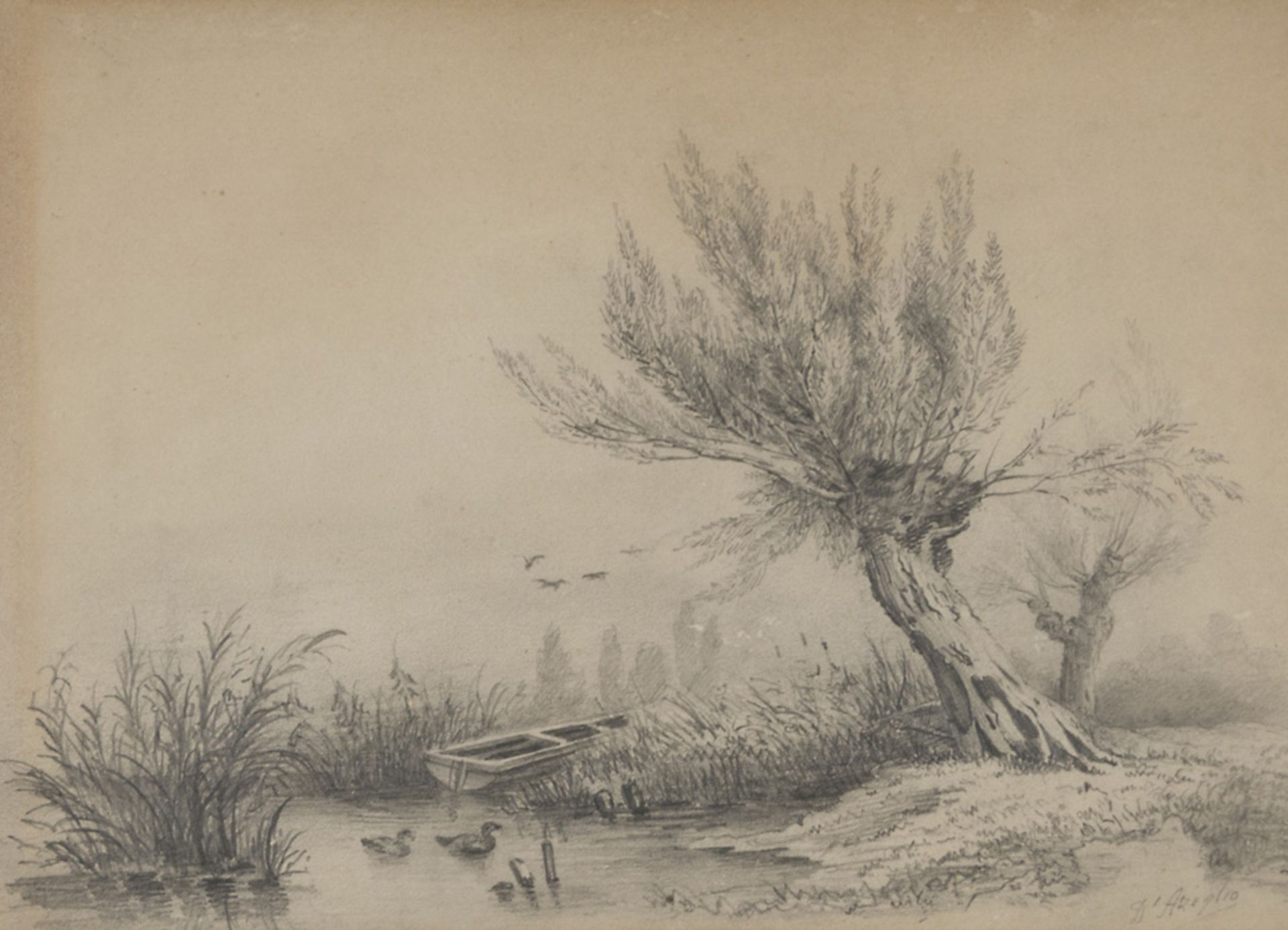 ITALIAN PAINTER, END 19TH CENTURY LANDSCAPE WITH POND Pencil on paper, cm. 18 x 25 Signed 'Of