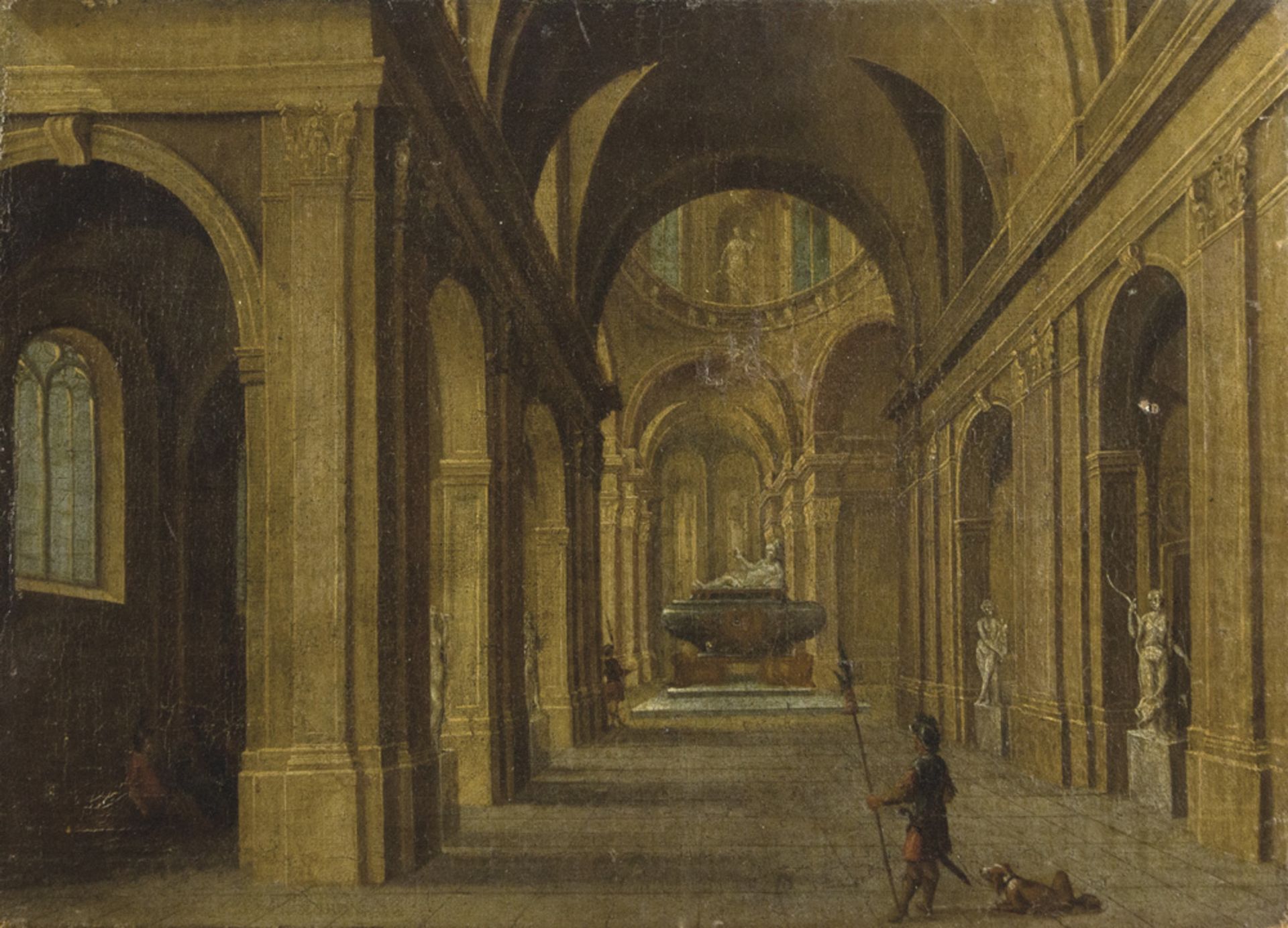 VIVIANO CODAZZI, circle of (Bergamo 1604 ca. - Roma1670) INTERIOR OF CHURCH WITH SOLDIERS Oil on