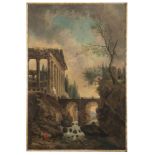FRENCH PAINTER, EARLY 19TH CENTURY FANTASTIC LANDSCAPE WITH RUINS, FALL AND FISHERMEN Oil on canvas,