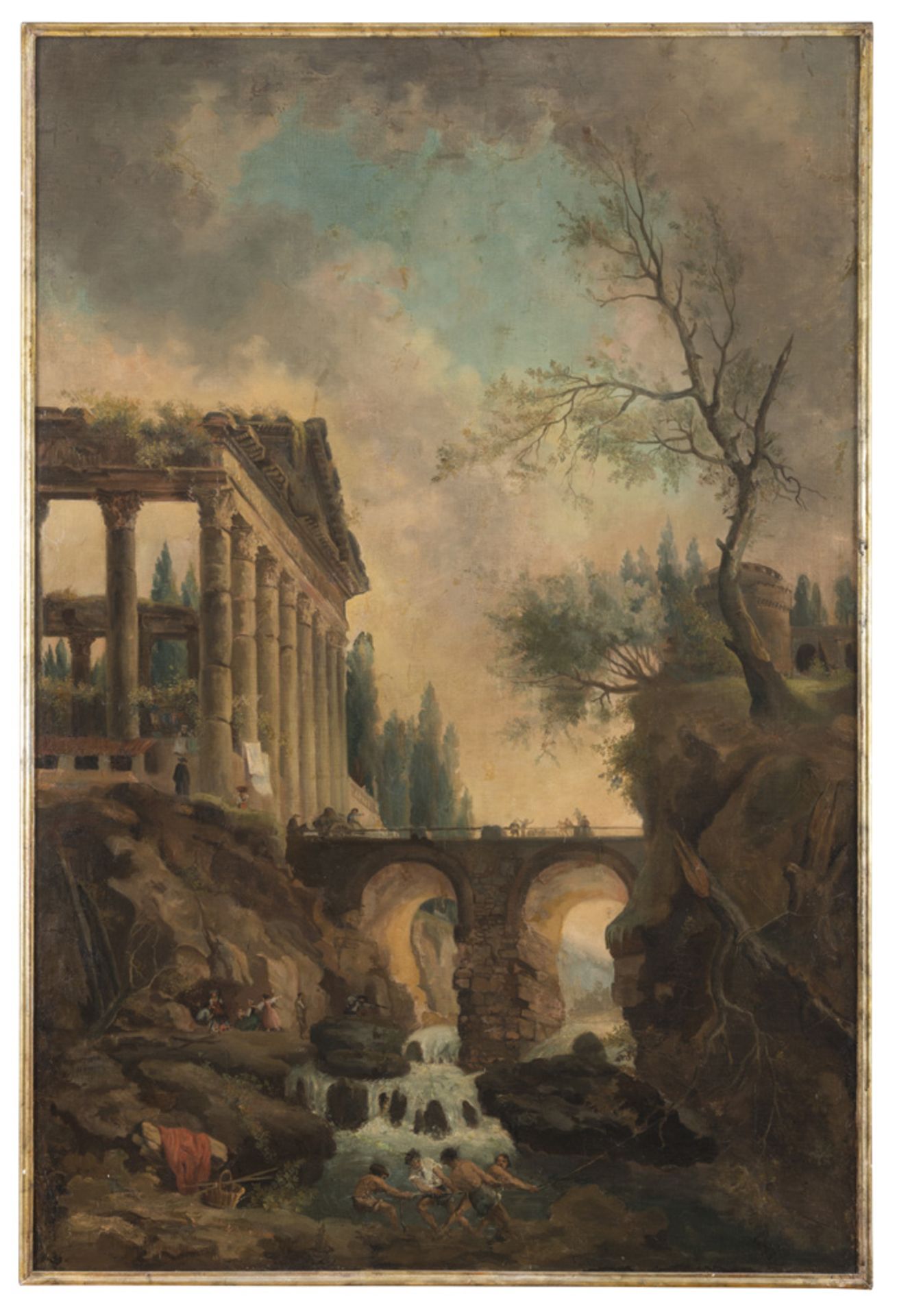 FRENCH PAINTER, EARLY 19TH CENTURY FANTASTIC LANDSCAPE WITH RUINS, FALL AND FISHERMEN Oil on canvas,