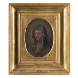 ITALIAN PAINTER, EARLY 19TH CENTURY THE VIRGIN'S FACE Oval oil on copper, cm. 11 x 8,3 Coeval gilded