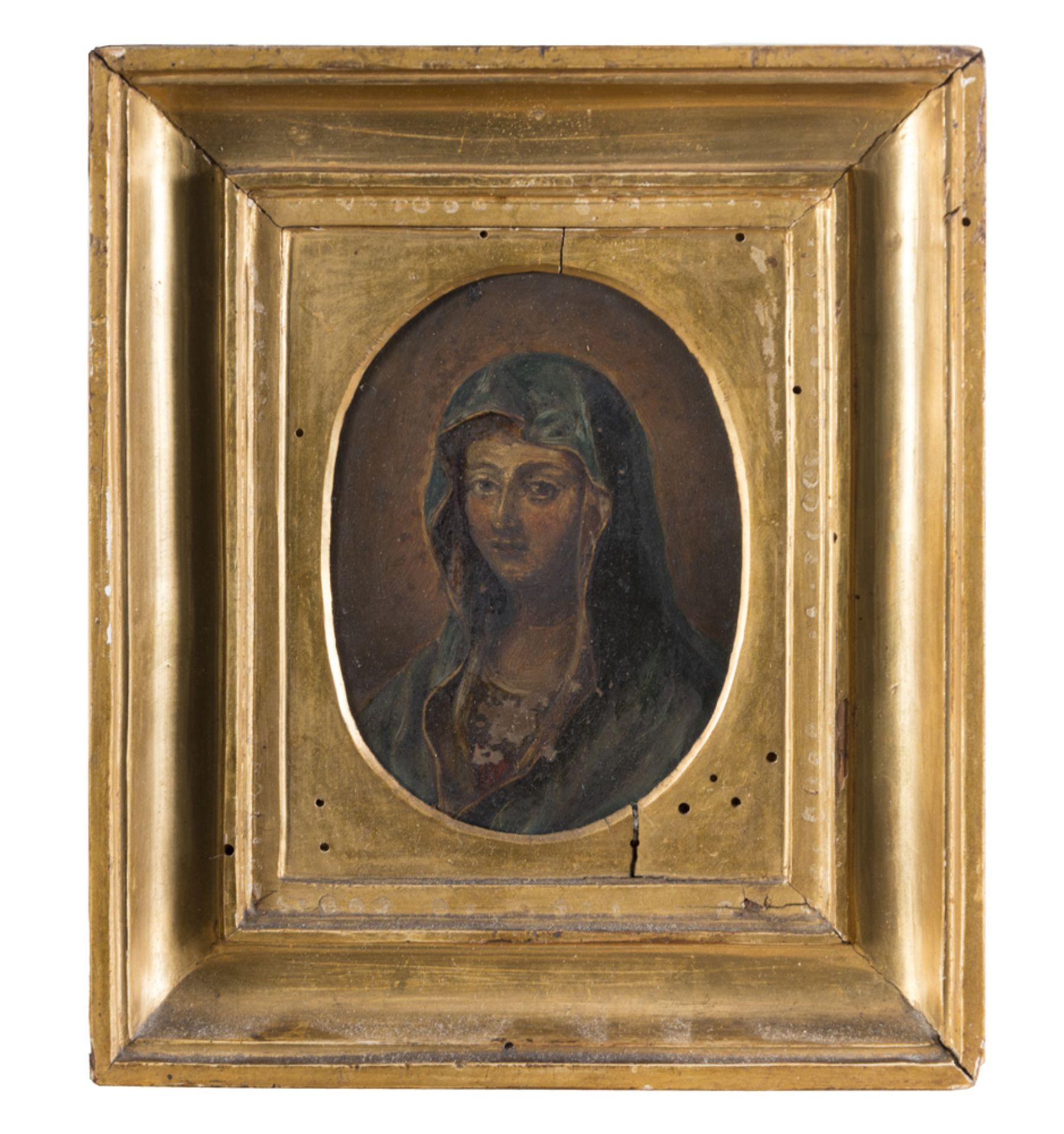 ITALIAN PAINTER, EARLY 19TH CENTURY THE VIRGIN'S FACE Oval oil on copper, cm. 11 x 8,3 Coeval gilded