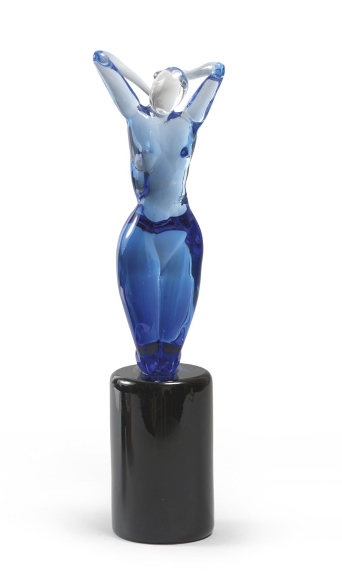 GLASS WOMAN'S FIGURE, MURANO 60'S with blue found, blue glass cylinder base. Measures cm. 41 x 10.