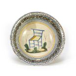BARBER BASIN IN MAIOLICA, CALTAGIRONE EARLY 19th CENTURY light blue, green, yellow and brown enamel,