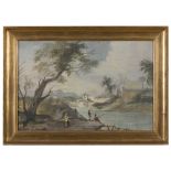 MANNER OF THE GUARDI, 20TH CENTURY LANDSCAPE WITH FISHERMEN Mixed technique on canvas, cm.40 x 60