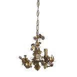 SMALL CHANDELIER, LATE 19TH CENTURY in gilded metal, to four leaf patterns arms, with porcelain