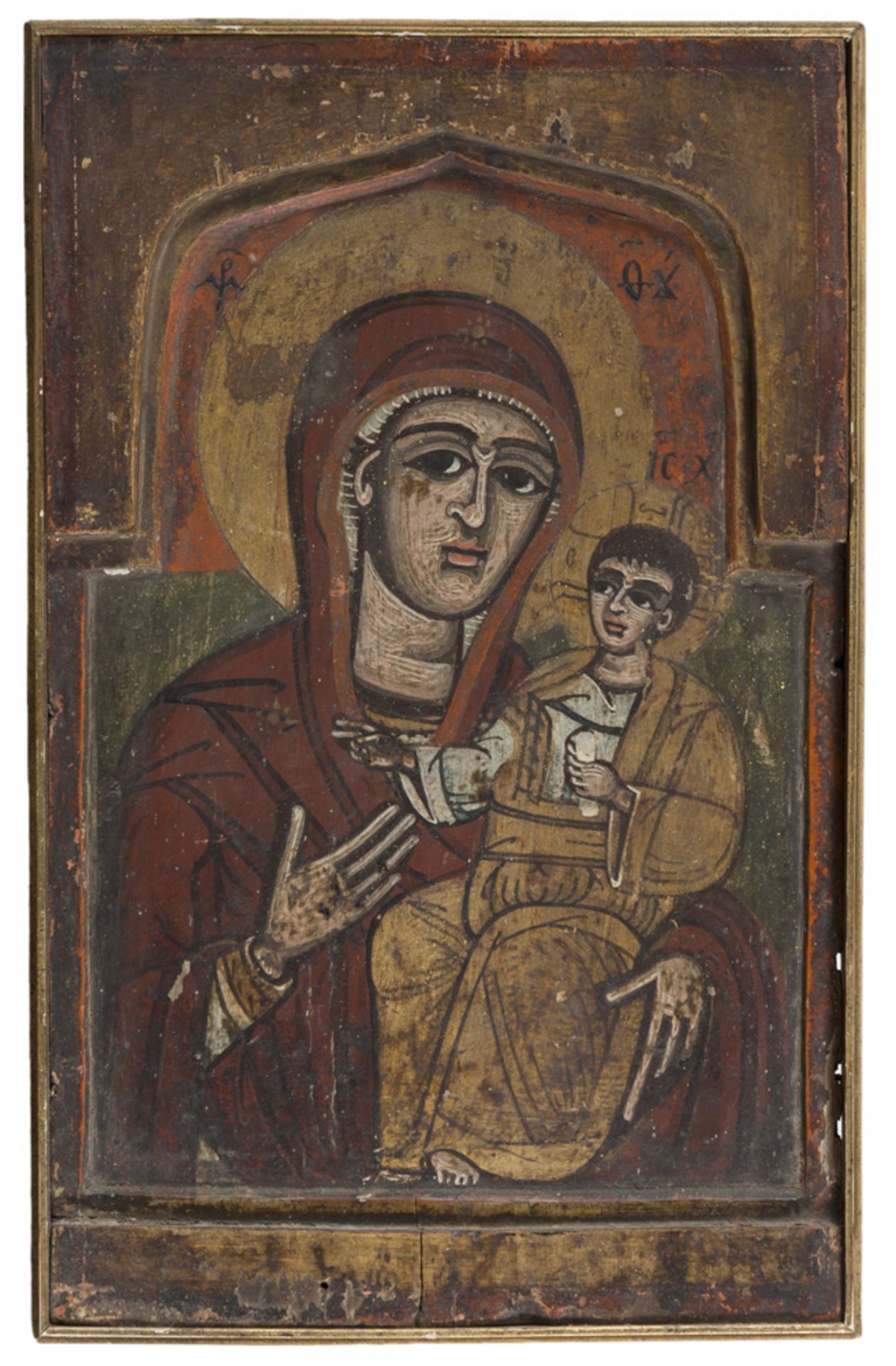 COPT-ORTHODOX PAINTER, EARLY 20TH CENTURY VIRGIN AND CHILD Oil on panel, cm. 32 x 20 Defects PITTORE