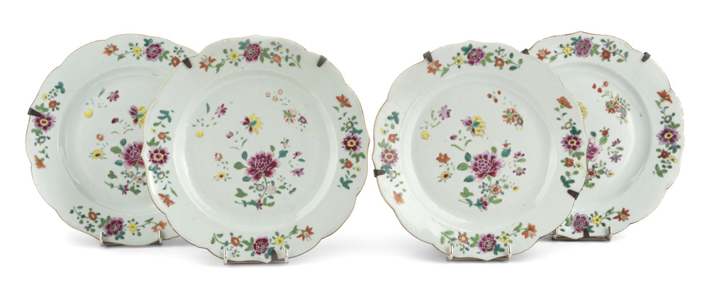 FOUR PORCELAIN DISHES, PROBABLY EMILIA 19TH CENTURY decorated with flowers 'in small bundles', in