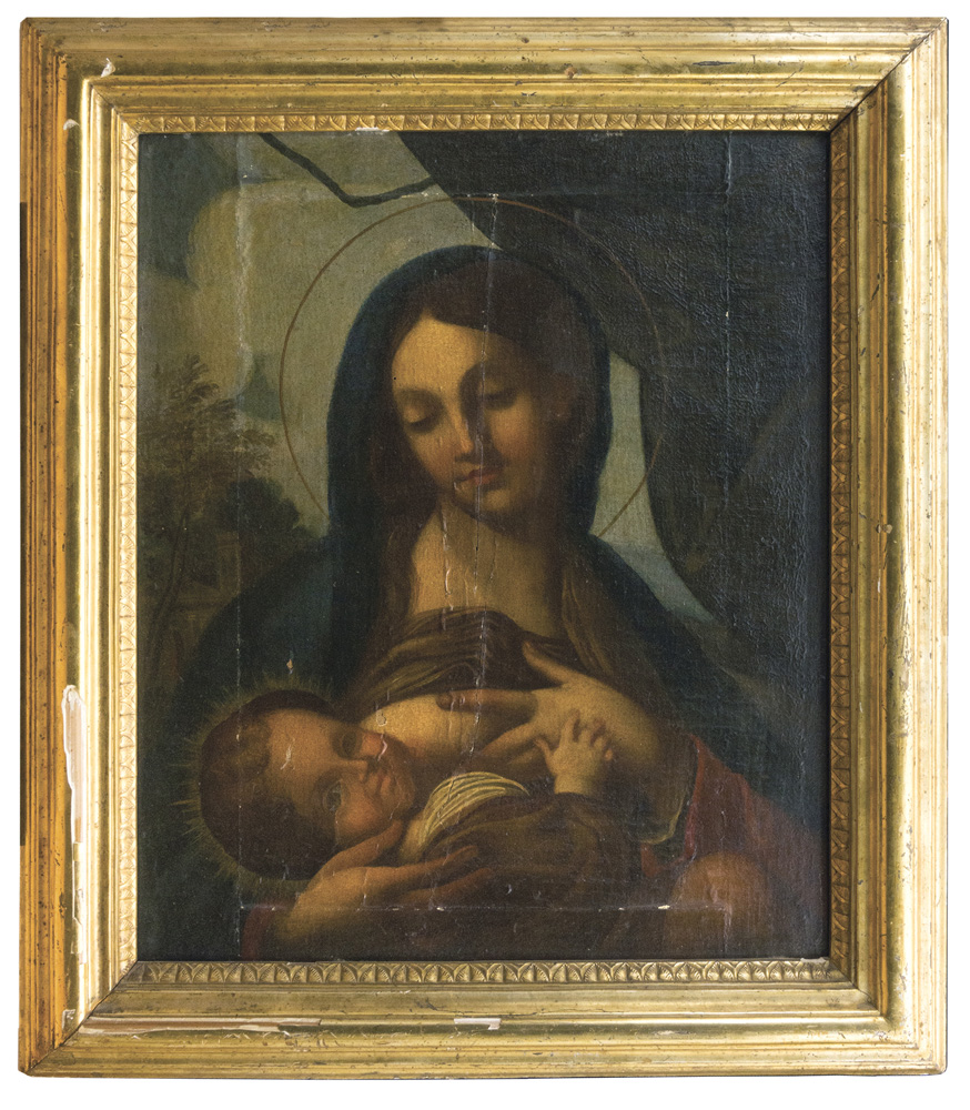 CARLO MARATTI, follower of (Camerano 1625 - Rome 1713) VIRGIN AND CHILD Oil on canvas applied on