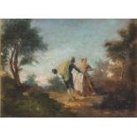 FRENCH PAINTER, 19TH CENTURY GALLANT SCENE IN THE WOOD Oil on panel, cm. 14 x 20 Not signed Framed