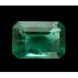 EMERALD to faceted octagonal cut, with slight infiltration. Measures cm. 10,83 x 7,63 x 5,15,
