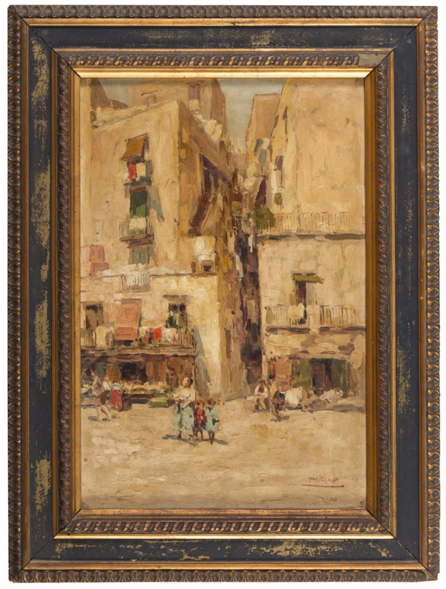 GUSTAVO PISANI (Naples 1877 - 1948) MARKET IN ALLEY, NAPLES SMALL SQUARE IN NAPLES A pair of oil - Image 2 of 2