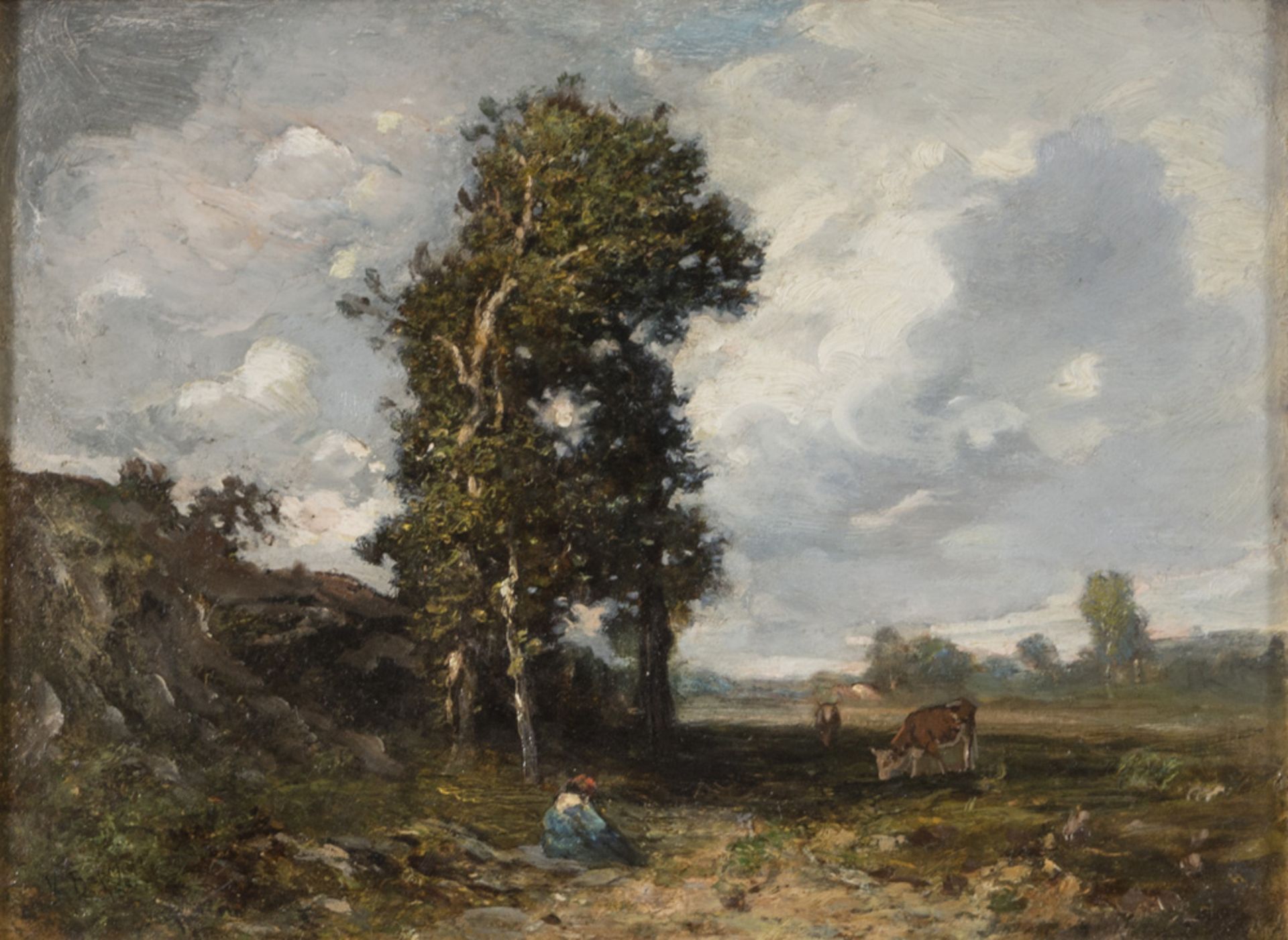 VITTORIO BUSSOLINO (Turin 1853 - 1922) LANDSCAPE WITH FARMER AND HERDS Oil on panel, cm. 36 x 44