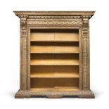 RARE BOOKCASE IN GILTWOOD, CENTRAL ITALY, ELEMENTS OF THE 17TH CENTURY open, with side uprights