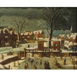 ACADEMIC PAINTER, 20TH CENTURY VILLAGE WITH SKATERS ON ICE Oil on canvas, cm. 50 x 60 PITTORE