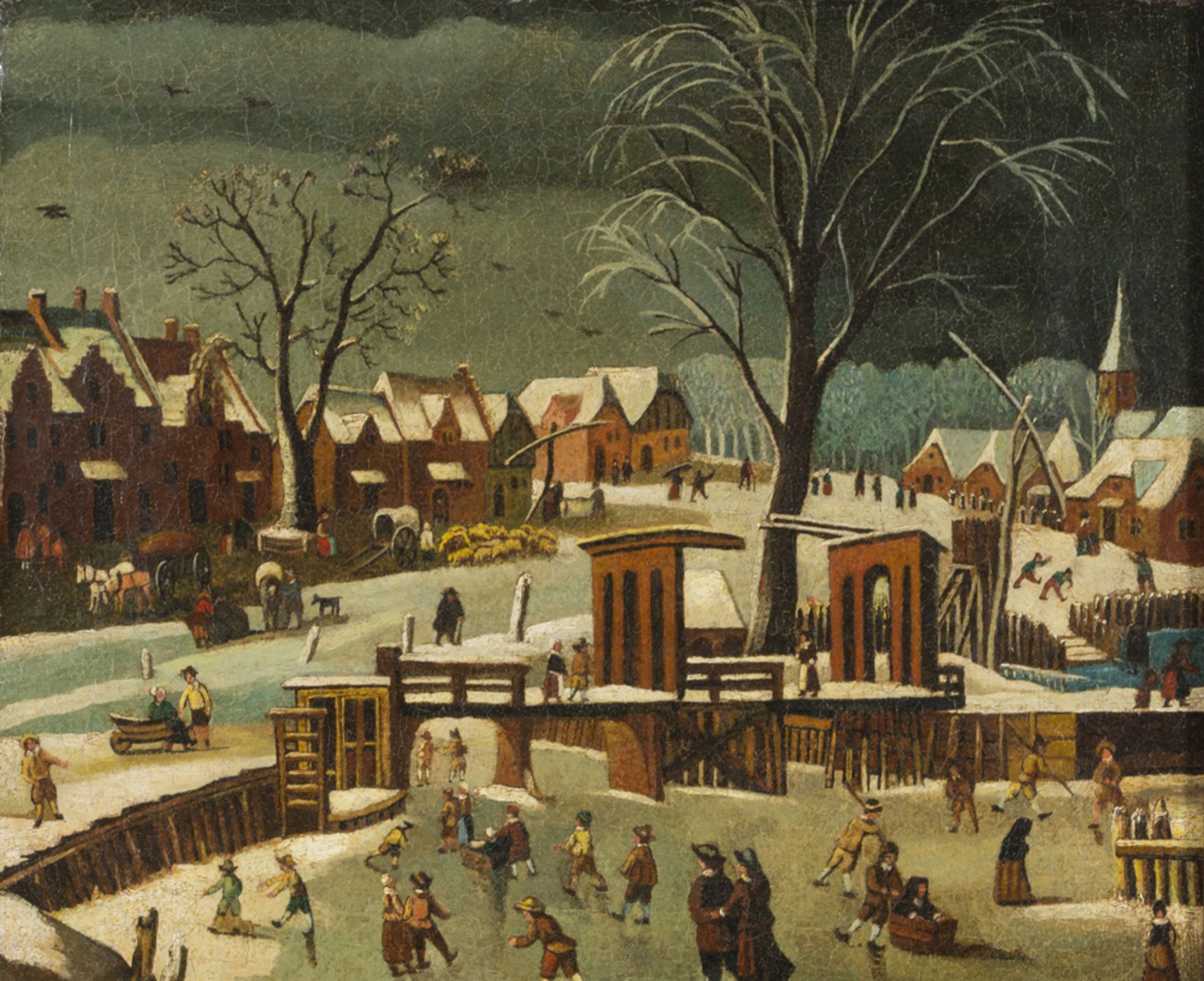 ACADEMIC PAINTER, 20TH CENTURY VILLAGE WITH SKATERS ON ICE Oil on canvas, cm. 50 x 60 PITTORE