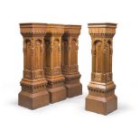 FOUR COLUMNS IN OAK, ENGLAND, END 19TH CENTURY of neogothic taste, carved to racemes with lilies and