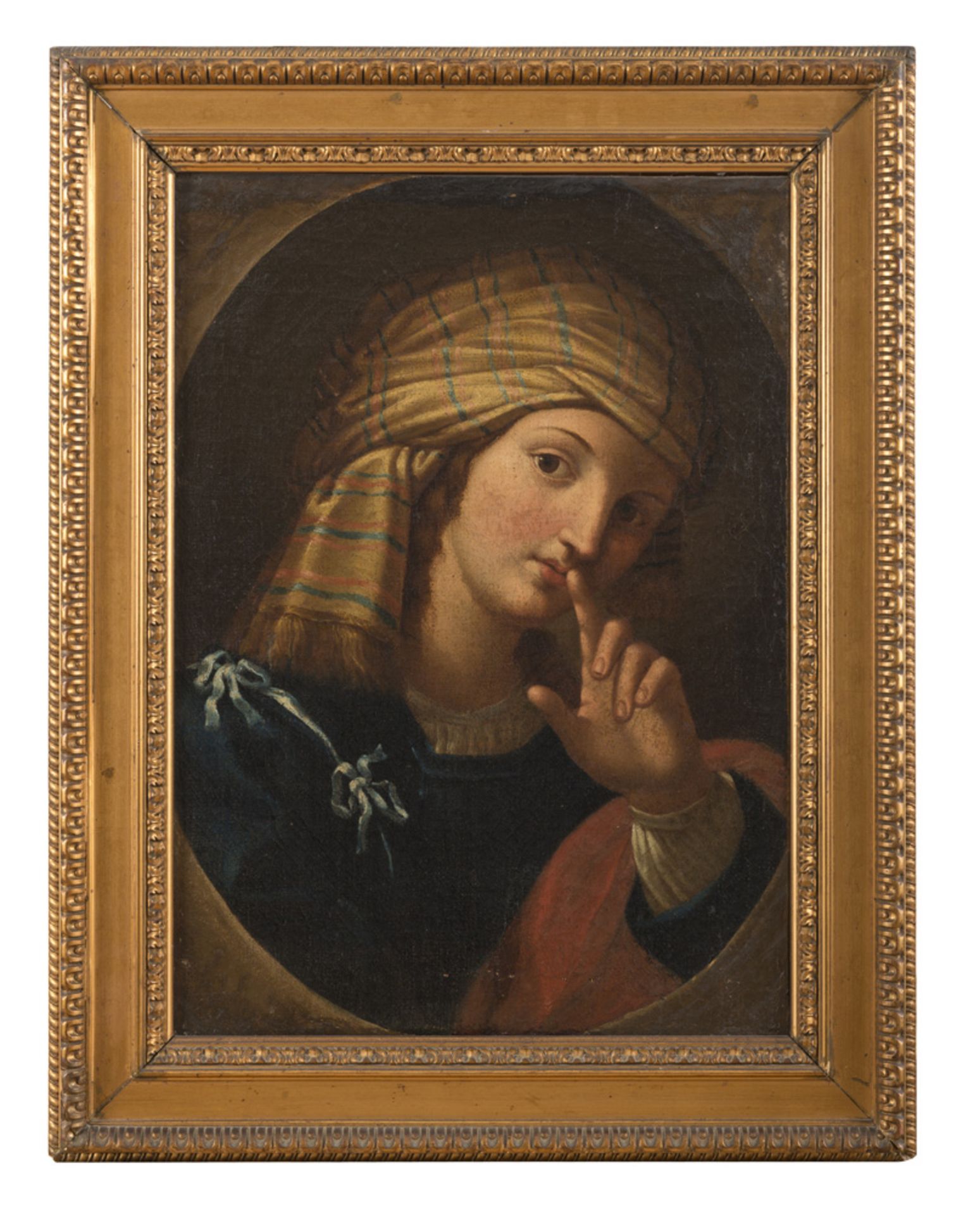 BOLOGNESE PAINTER, 17TH CENTURY ALLEGORY OF THE SILENCE Oil on canvas, cm. 57 x 41 Gilded frame