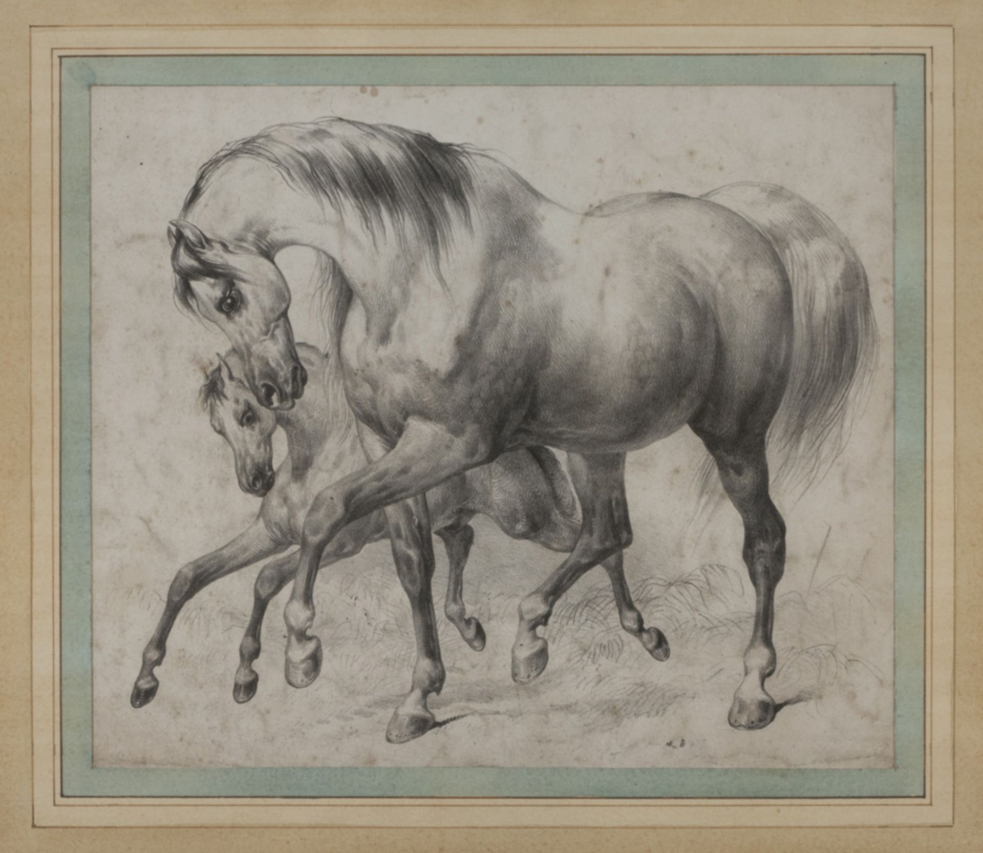 LATE 19TH CENTURY PAINTER HORSES Pencil on paper, cm. 22 x 26 Lacquered frame PITTORE FINE XIX