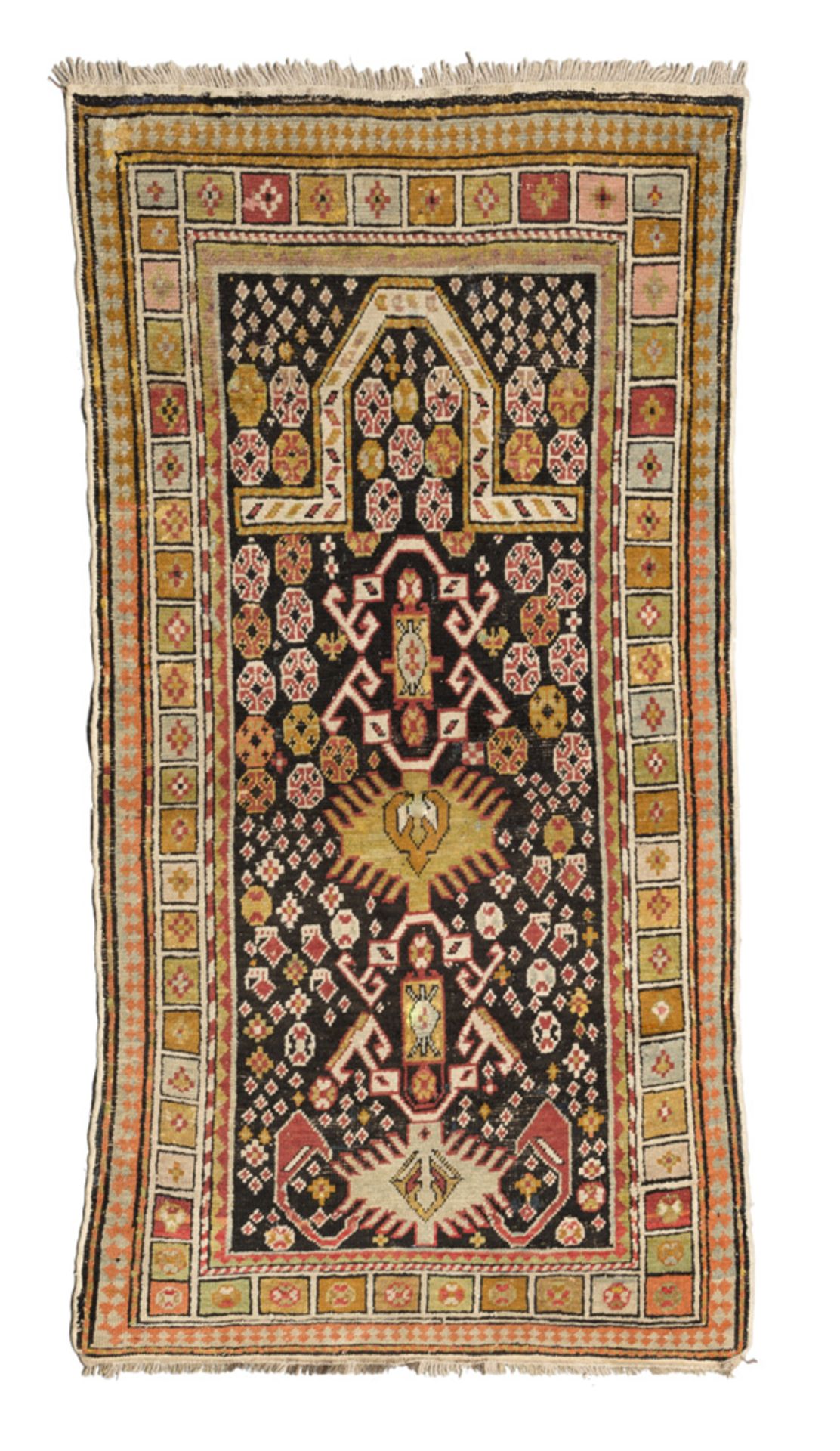 CAUCASIAN DERBENT CARPET, LATE 19TH CENTURY prayer design with motifs of rosettes in sequence, in