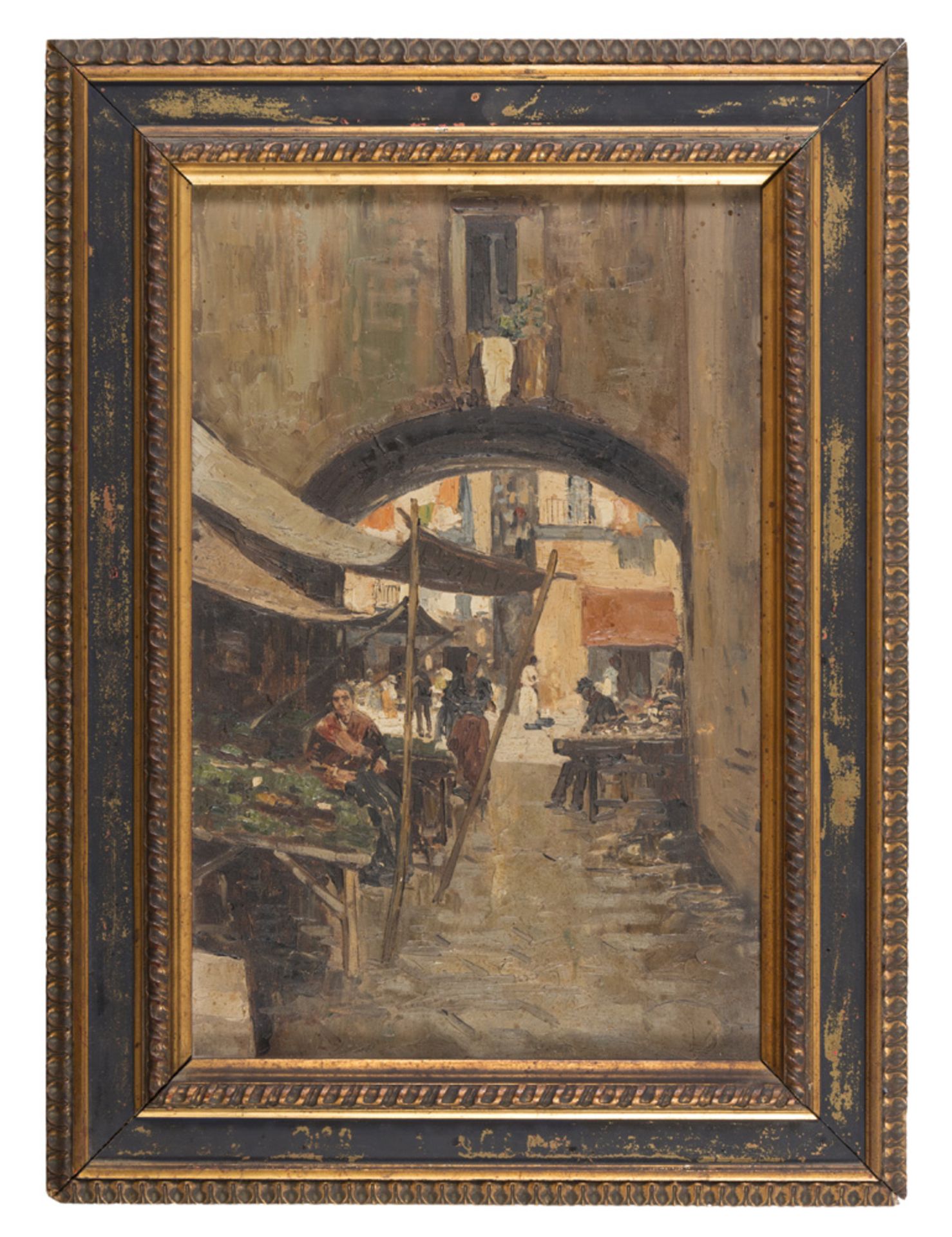 GUSTAVO PISANI (Naples 1877 - 1948) MARKET IN ALLEY, NAPLES SMALL SQUARE IN NAPLES A pair of oil