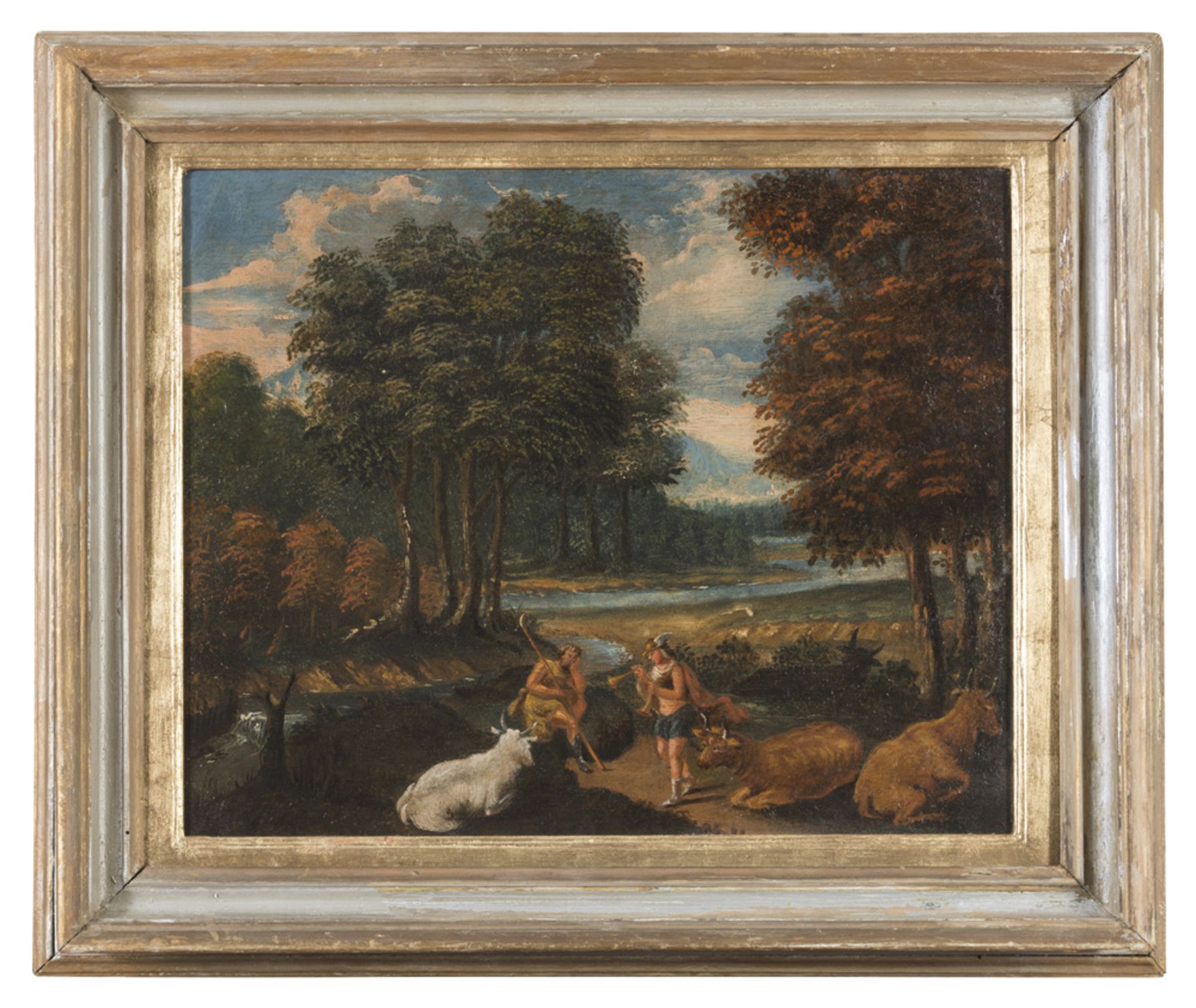 ROMAN PAINTER, END 17TH CENTURY LANDSCAPE WITH MERCURY AND ARGON Oil on canvas, cm. 38 x 44 Silver-