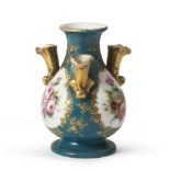 MIGNON PORCELAIN FLOWERVASE, SEVRES EARLY 19TH CENTURY polychrome enamels on turquoise ground,