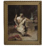 ORIENTALIST PAINTER, EARLY 20TH CENTURY MAN WITH RIFLE SMOKING THE PIPE Oil on canvas, cm. 55 x 45