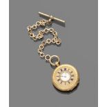 POCKET WATCH entirely in yellow gold 18 kts., white enamel dial with Roman numerals in blue enamel