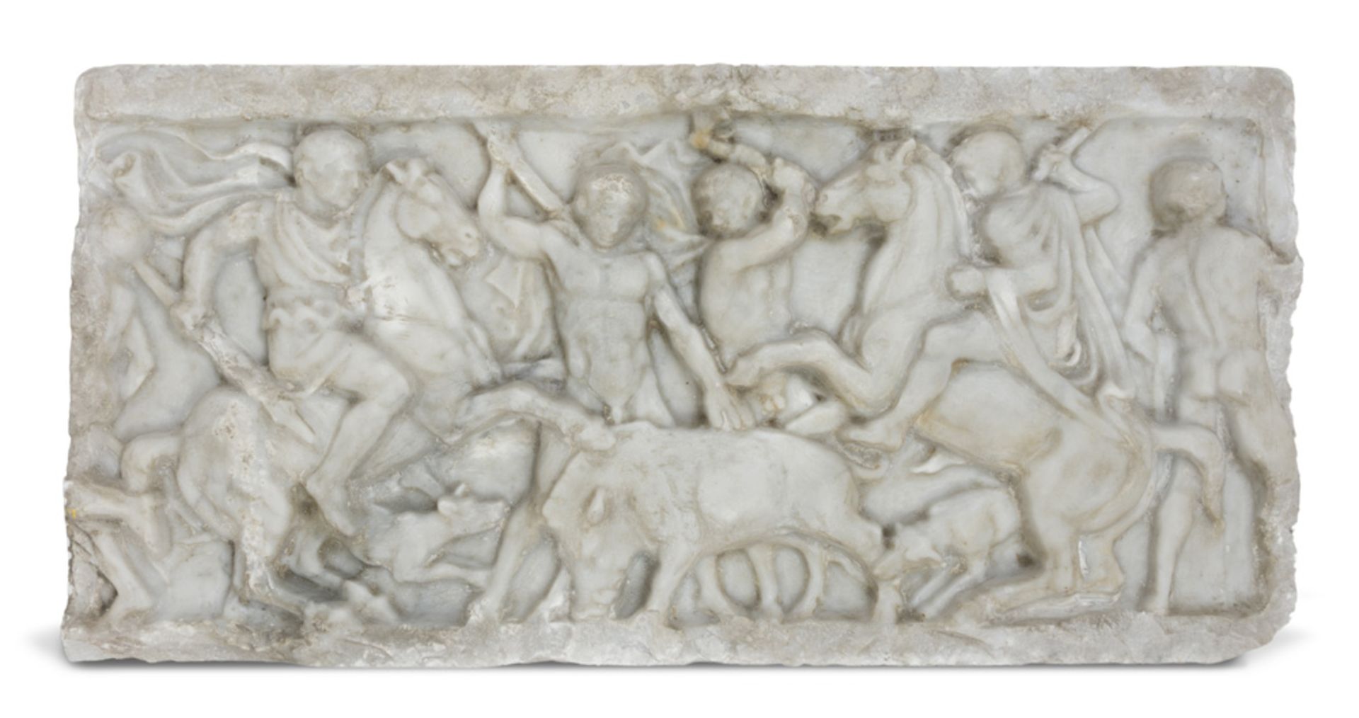 HIGH-RELIEF SCULPTURE IN WHITE STATUARY MARBLE, 19TH CENTURY representing the wild boar hunting