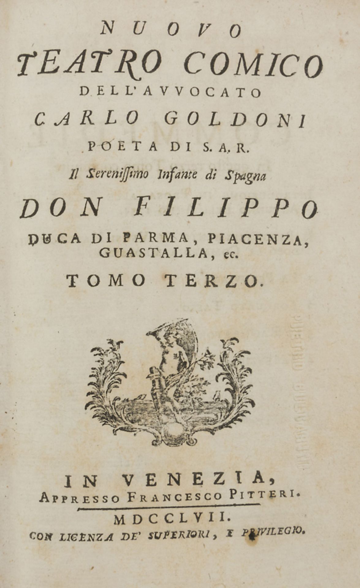 GOLDONI C. Goldoni, Nuovo Teatro Comico. One small volume. Ed. Venice 1757. GOLDONI C. Goldoni,