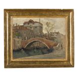 ALBERTO CAROSI (Rome 1891 - 1967) BRIDGE IN VENICE WITH GONDOLAS Oil on panel, cm. 40 x 50 Signed