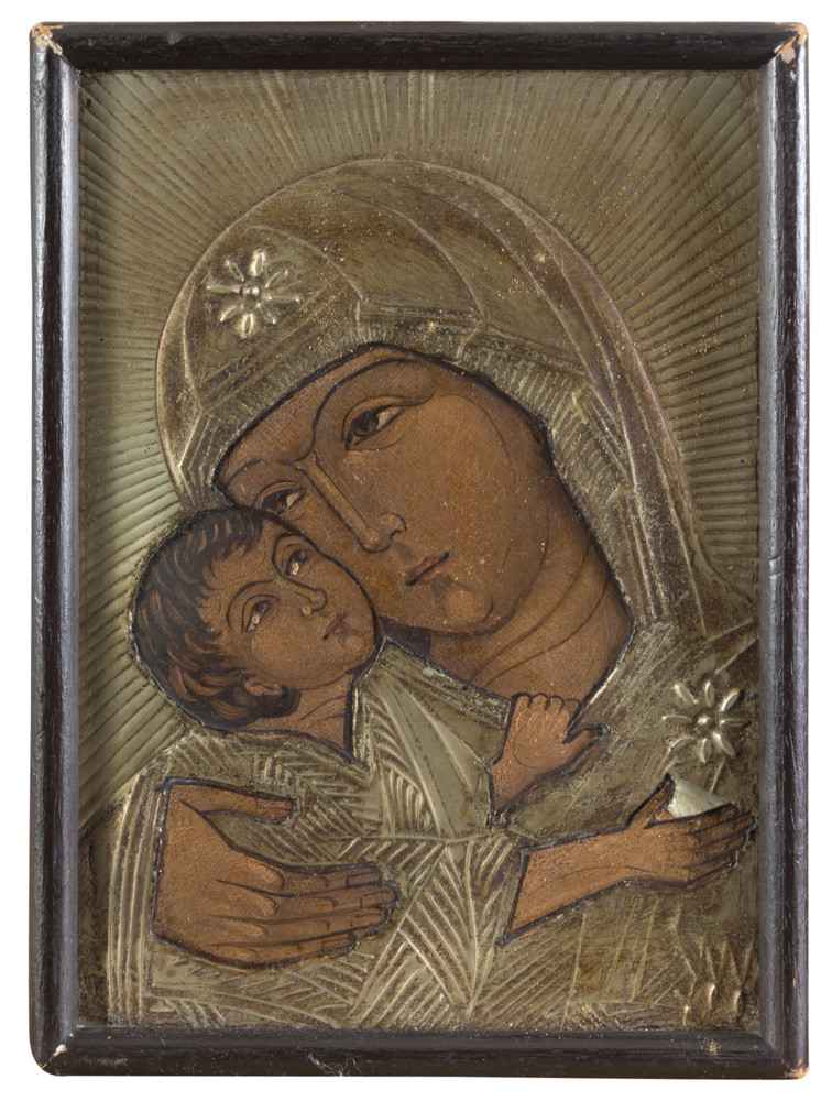 RUSSIAN SCHOOL, 19TH CENTURY VIRGIN OF THE TENDERNESS Tempera on panel with silvered ground, cm.