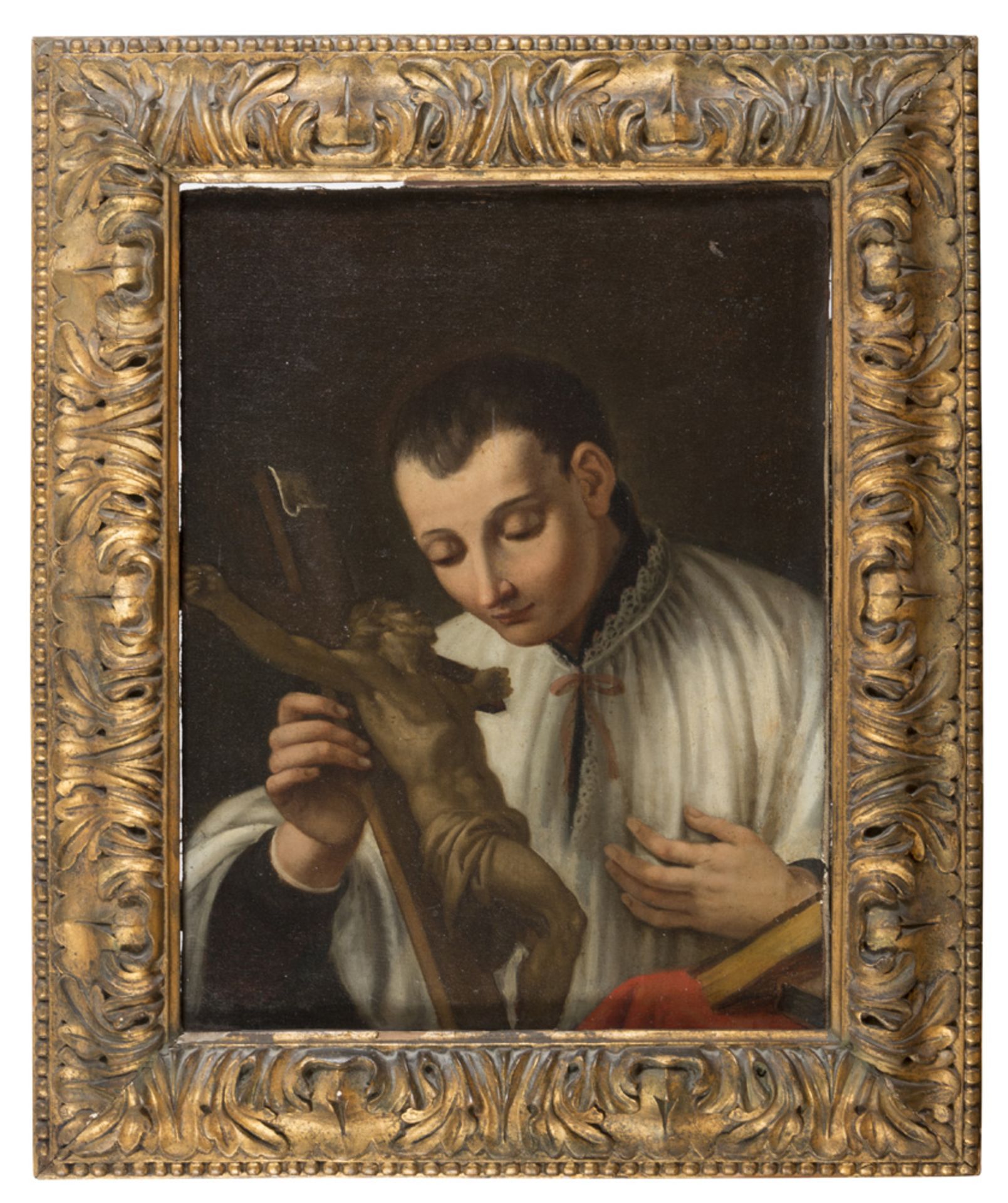 ROMAN PAINTER, 18TH CENTURY ST. LUIGI GONZAGA ADORES THE CROSS Oil on canvas, cm. 55 x 42 PROVENANCE