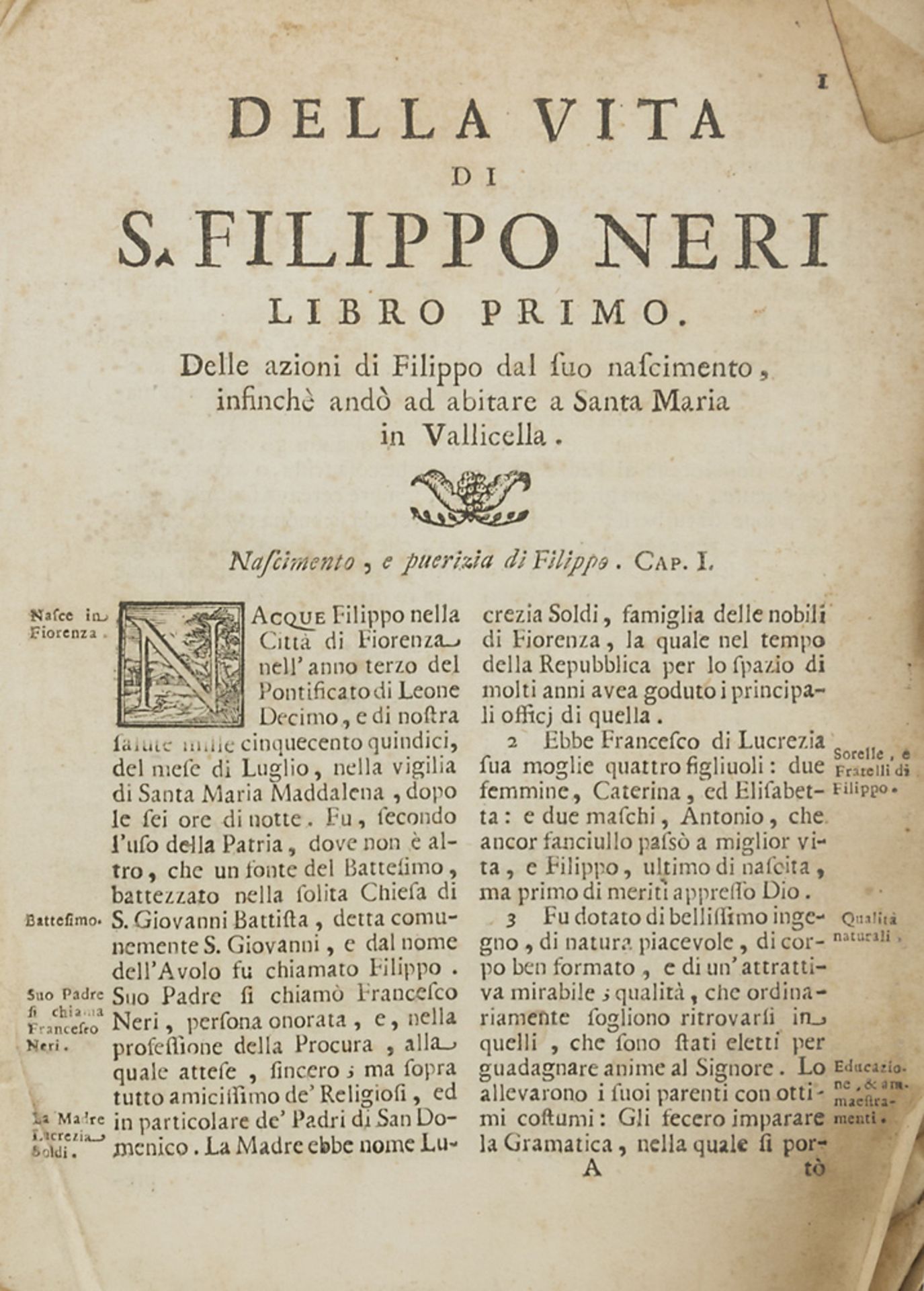 ST. PHILLIP NERI Of the Life of St. Phillip Neri. A volume with engravings. Lacking frontispiece.