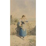 FRENCH PAINTER, 19TH CENTURY WOMAN IN LANDSCAPE Watercolour on paper, cm. 46 x 25 Signed 'D.