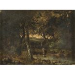 DUTCH PAINTER, 19TH CENTURY WOOD WITH FIGURE NEAR A BROOK Oil on panel, cm. 15 x 19 FRAME Swept