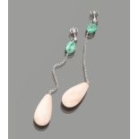 NICE EARRINGS in white gold 18 kts., en tremblant embellished with emeralds and drops of pink coral.