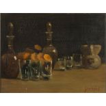 ORTENSIO GIONFRA (Vignanello 1918 - 2012) Composition with bottles and flowers Oil on panel, cm.