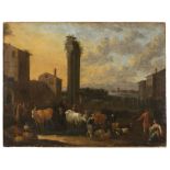 DUTCH PAINTER ACTIVE IN ITALY, SECOND HALF OF THE 17TH CENTURY IMMAGINARY VIEW WITH CATTLE MARKET