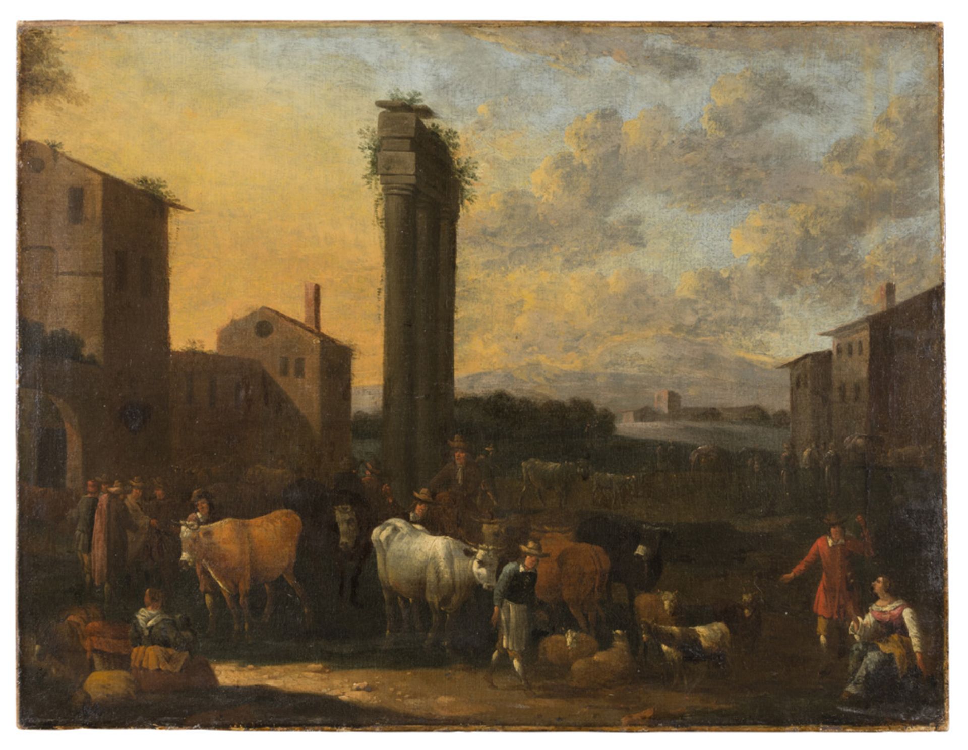 DUTCH PAINTER ACTIVE IN ITALY, SECOND HALF OF THE 17TH CENTURY IMMAGINARY VIEW WITH CATTLE MARKET