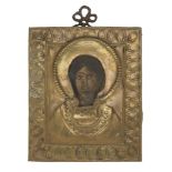 RUSSIAN PAINTER, EARLY 20TH CENTURY Face of the Virgin Oil icon on panel, cm. 20 x 16 Riza in gilded