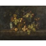 EUROPEAN PAINTER, 20TH CENTURY STILL LIFE OF FRUIT WITH CONTAINER, PORCELAIN AND CAKESTAND Oil on